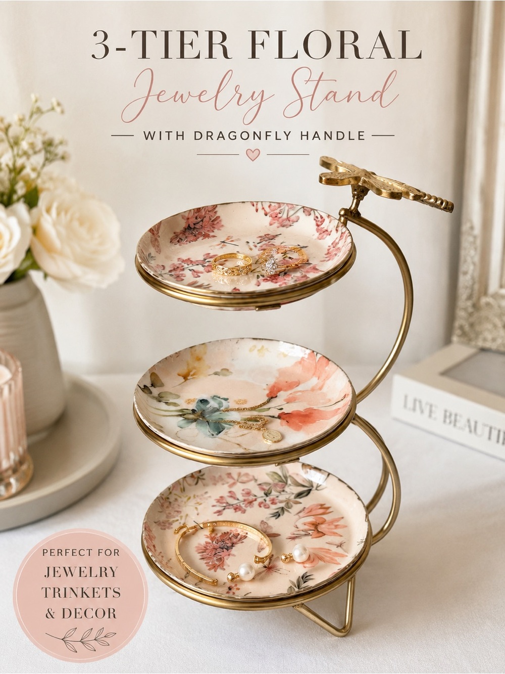 3-Tier Floral Ceramic Jewelry Stand with Gold Dragonfly Handle | Trinket Tray